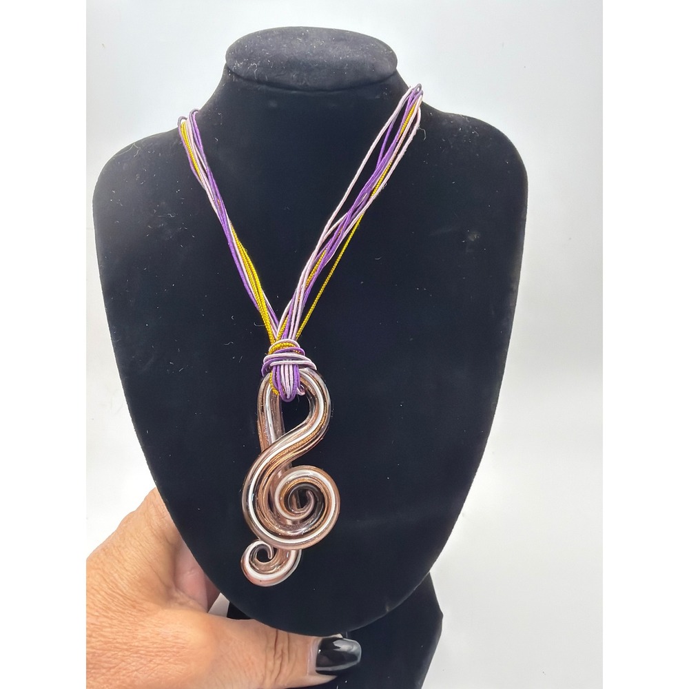 Artisan Glass Treble Clef Pendant Necklace Purple Gold Multi Strand Cord Music